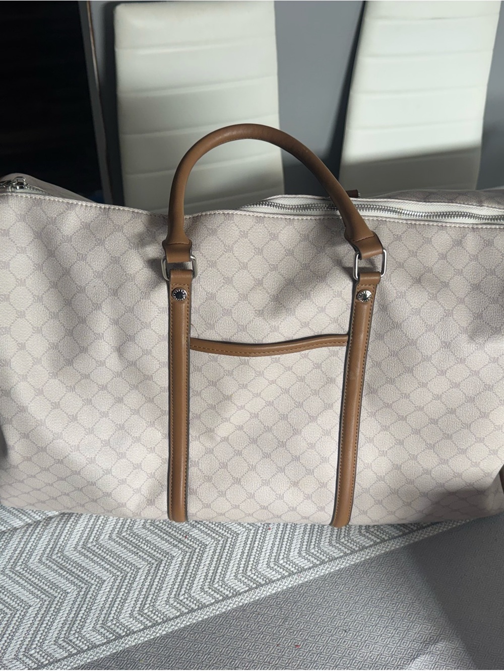 Steve Madden Cream Canvas Travel Weekender with Tan Handles